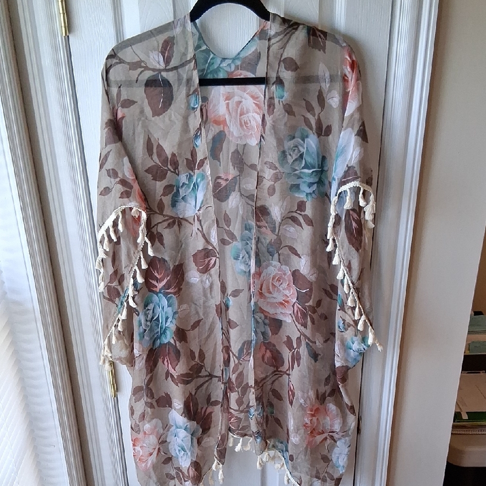Semi-Sheer Floral Tassel Kimono Duster Jacket - Cover Up Cardigan Wrap